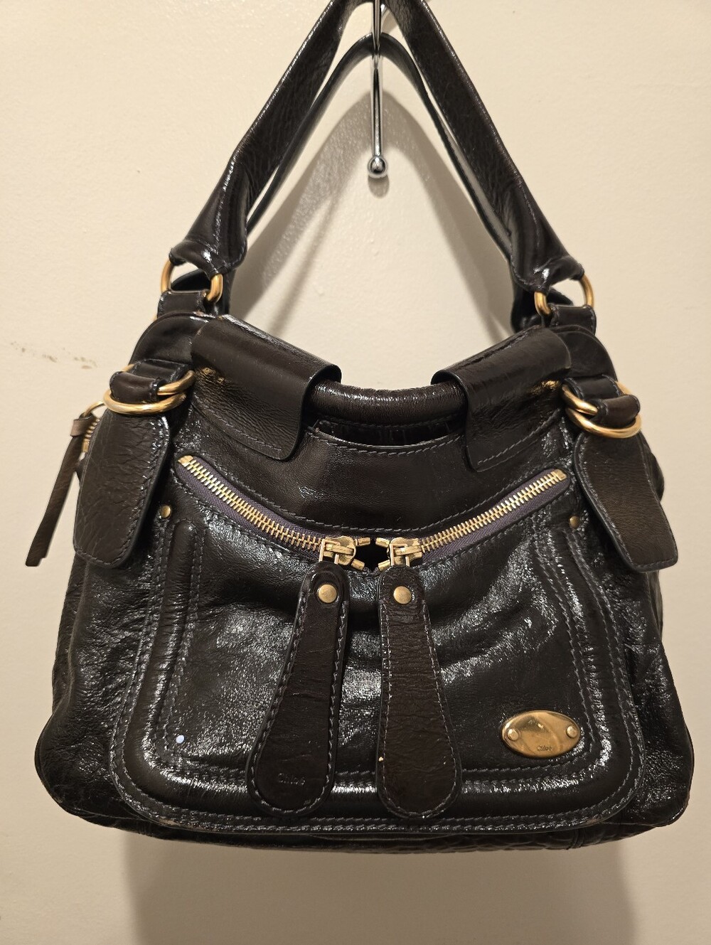 Chloe Bay Black Leather Shoulder Bag with Gold Hardware